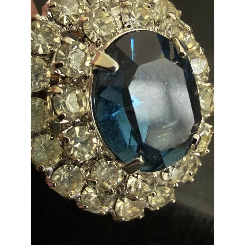 Vintage Rhinestone Ring Blue Silver Tone Adjustable